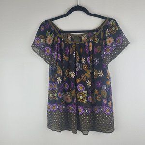 Anthropologie Fei top off shoulder chiffon printed  S black boho